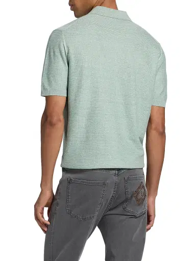 Stefano Ricci Men's Textured Linen-Silk Zip-Up Polo - Light Green | Thumbnail 5 Stefano Ricci Men's Textured Linen-Silk Zip-Up Polo - Light Green | Thumbnail 5