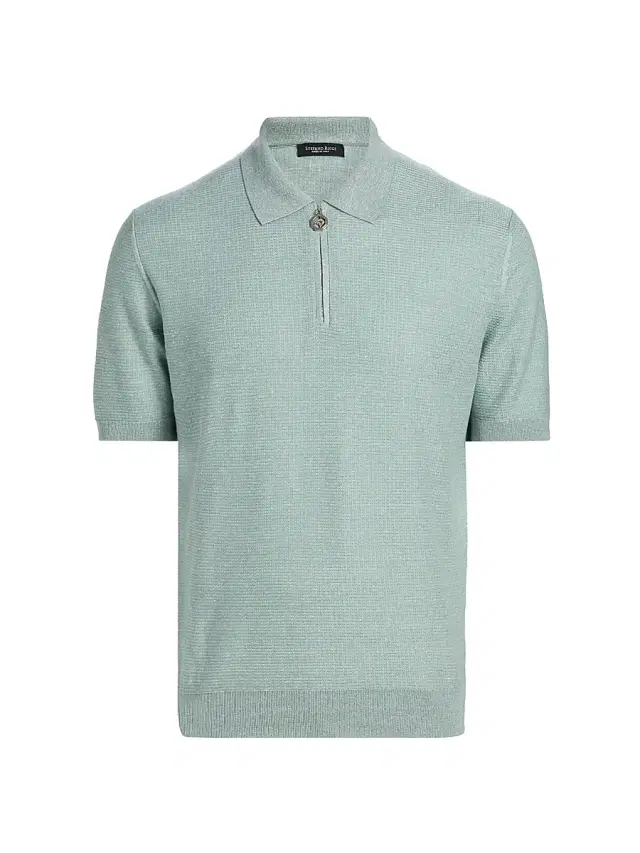 Men's Textured Linen-Silk Zip-Up Polo - Light Green Men's Textured Linen-Silk Zip-Up Polo - Light Green