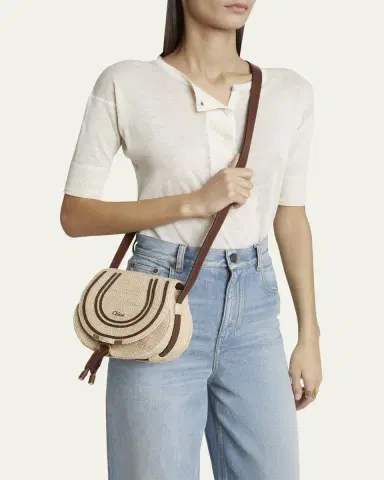 Chloé Marcie Flap Saddle Crossbody Bag in Raffia Fabric and Leather | Thumbnail 2 Chloé Marcie Flap Saddle Crossbody Bag in Raffia Fabric and Leather | Thumbnail 2