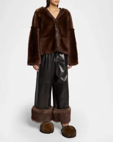 Loewe Turn-Up Shiny Leather Wide-Leg Ankle Trousers With Lamb Shearling Cuffs | Thumbnail 3 Loewe Turn-Up Shiny Leather Wide-Leg Ankle Trousers With Lamb Shearling Cuffs | Thumbnail 3