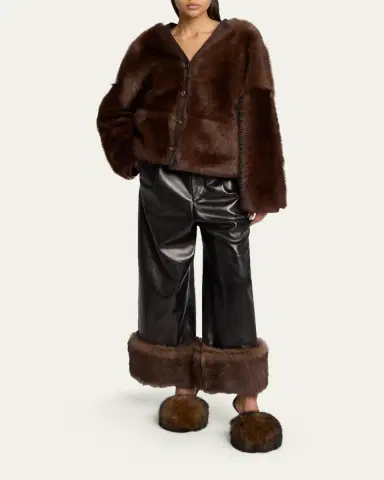 Loewe Turn-Up Shiny Leather Wide-Leg Ankle Trousers With Lamb Shearling Cuffs | Thumbnail 6 Loewe Turn-Up Shiny Leather Wide-Leg Ankle Trousers With Lamb Shearling Cuffs | Thumbnail 6