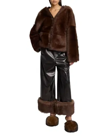 Loewe Turn-Up Shiny Leather Wide-Leg Ankle Trousers With Lamb Shearling Cuffs | Thumbnail 1 Loewe Turn-Up Shiny Leather Wide-Leg Ankle Trousers With Lamb Shearling Cuffs | Thumbnail 1