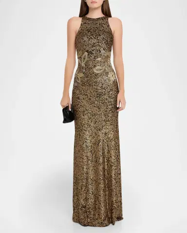 Naeem Khan Metallic Sequined Floral Halter Gown | Thumbnail 2 Naeem Khan Metallic Sequined Floral Halter Gown | Thumbnail 2