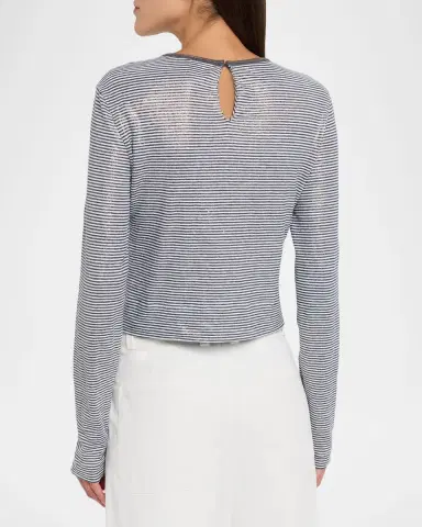Brunello Cucinelli Glossy Summer Striped Long-Sleeve Crop T-Shirt | Thumbnail 3 Brunello Cucinelli Glossy Summer Striped Long-Sleeve Crop T-Shirt | Thumbnail 3