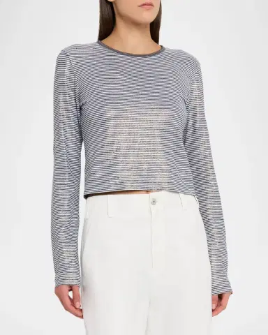 Brunello Cucinelli Glossy Summer Striped Long-Sleeve Crop T-Shirt | Thumbnail 4 Brunello Cucinelli Glossy Summer Striped Long-Sleeve Crop T-Shirt | Thumbnail 4