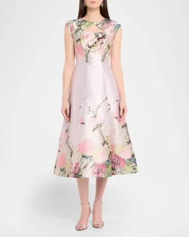 Kay Unger New York Augusta Floral-Print Metallic Mikado Midi Dress | Thumbnail 2 Kay Unger New York Augusta Floral-Print Metallic Mikado Midi Dress | Thumbnail 2