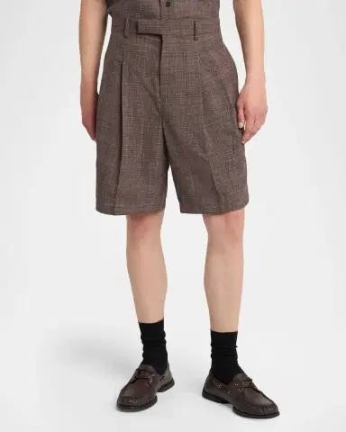 Jil Sander Men's Plaid Wool and Linen Relaxed-Fit Pleated Shorts | Thumbnail 4 Jil Sander Men's Plaid Wool and Linen Relaxed-Fit Pleated Shorts | Thumbnail 4