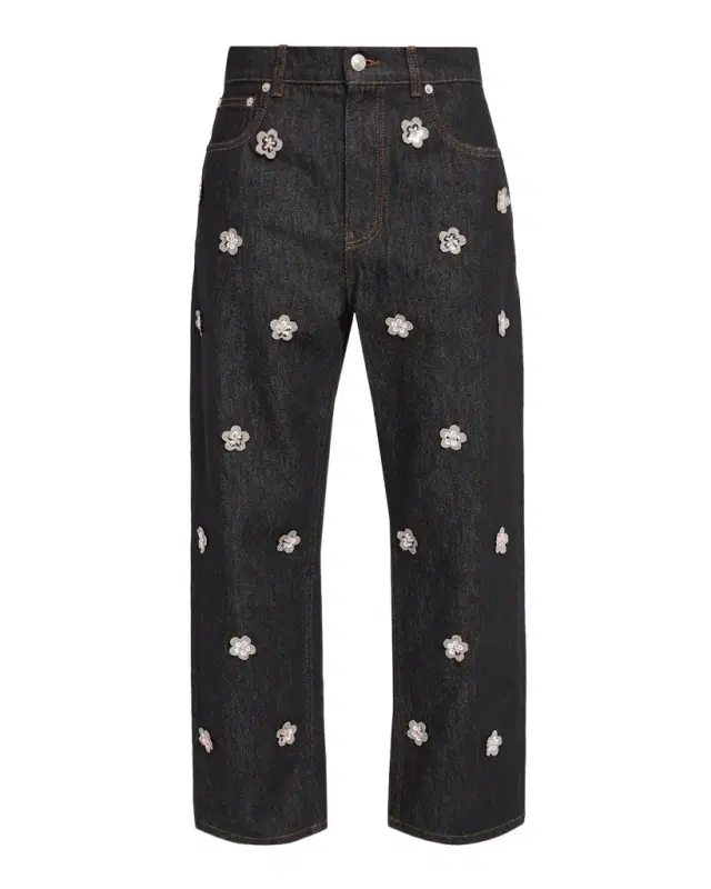 Flower Embroidered Denim Relaxed-Leg Ankle Carrot Trousers Flower Embroidered Denim Relaxed-Leg Ankle Carrot Trousers
