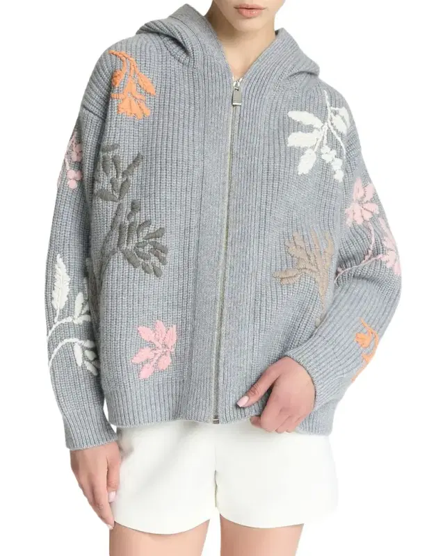 Camelia Embroidered Cashmere Zip Bomber Jacket Camelia Embroidered Cashmere Zip Bomber Jacket