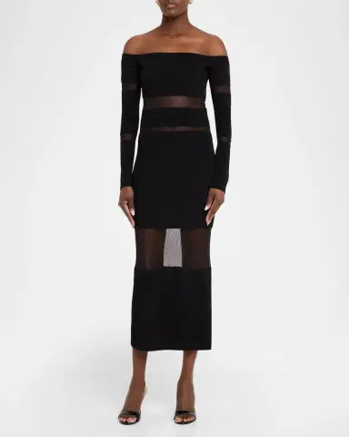 Lapointe Off-The-Shoulder Sheer Striped Matte Viscose Midi Dress | Thumbnail 2 Lapointe Off-The-Shoulder Sheer Striped Matte Viscose Midi Dress | Thumbnail 2