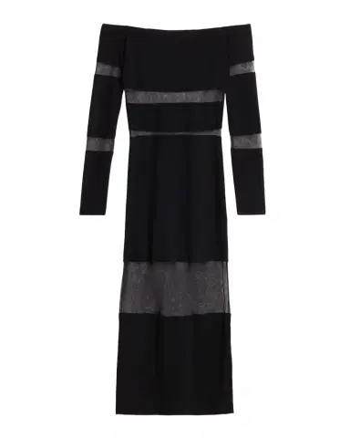 Lapointe Off-The-Shoulder Sheer Striped Matte Viscose Midi Dress | Thumbnail 1 Lapointe Off-The-Shoulder Sheer Striped Matte Viscose Midi Dress | Thumbnail 1