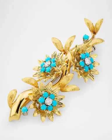 NM Estate Estate 18K Yellow Gold and Platinum Turquoise Floral Pin with Diamonds | Thumbnail 3 NM Estate Estate 18K Yellow Gold and Platinum Turquoise Floral Pin with Diamonds | Thumbnail 3