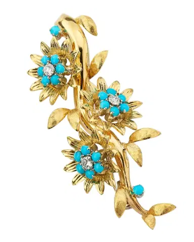 NM Estate Estate 18K Yellow Gold and Platinum Turquoise Floral Pin with Diamonds | Thumbnail 1 NM Estate Estate 18K Yellow Gold and Platinum Turquoise Floral Pin with Diamonds | Thumbnail 1