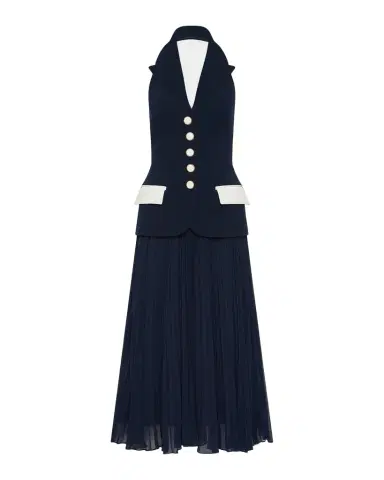 Rebecca Vallance Ula Halter Lapel Pleated Midi Dress | Thumbnail 1 Rebecca Vallance Ula Halter Lapel Pleated Midi Dress | Thumbnail 1
