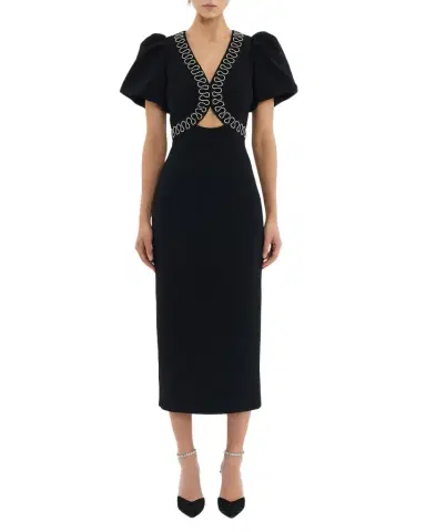 REBECCA VALLANCE Nyx Puff-Sleeve Diamante Cutout Midi Dress | Thumbnail 1 REBECCA VALLANCE Nyx Puff-Sleeve Diamante Cutout Midi Dress | Thumbnail 1