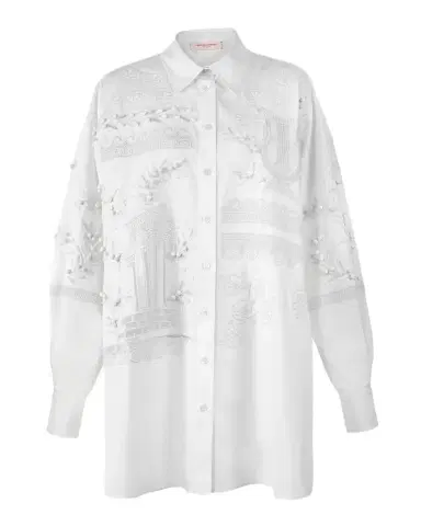 Carolina Herrera Grecian Embroidered Oversized Button-Down Shirt | Thumbnail 1 Carolina Herrera Grecian Embroidered Oversized Button-Down Shirt | Thumbnail 1