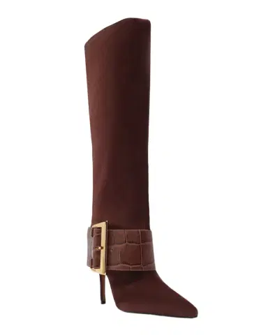 Schutz Beatrix Suede Knee-High Boots with Croc-Embossed Buckle | Thumbnail 1 Schutz Beatrix Suede Knee-High Boots with Croc-Embossed Buckle | Thumbnail 1
