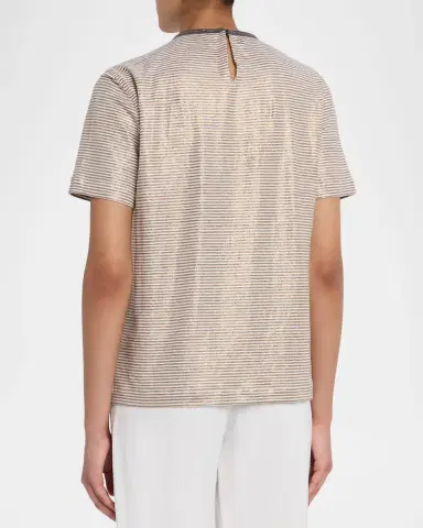 Brunello Cucinelli Shimmering Striped Linen Short-Sleeve T-Shirt | Thumbnail 2 Brunello Cucinelli Shimmering Striped Linen Short-Sleeve T-Shirt | Thumbnail 2