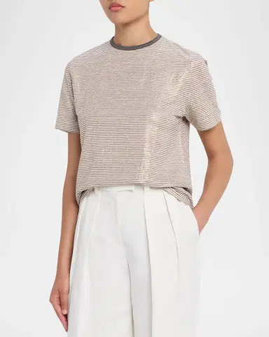 Brunello Cucinelli Shimmering Striped Linen Short-Sleeve T-Shirt | Thumbnail 3 Brunello Cucinelli Shimmering Striped Linen Short-Sleeve T-Shirt | Thumbnail 3