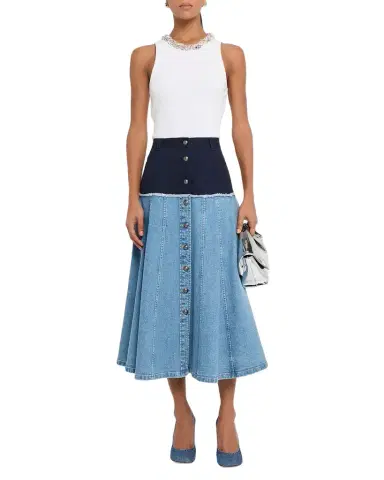 Cinq à Sept Veena Colorblock Denim Midi Skirt | Thumbnail 1 Cinq à Sept Veena Colorblock Denim Midi Skirt | Thumbnail 1