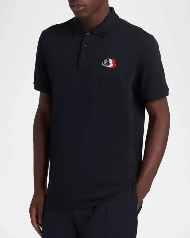 Moncler Men's Cotton Pique Tricolor Logo Patch Polo Shirt | Thumbnail 4 Moncler Men's Cotton Pique Tricolor Logo Patch Polo Shirt | Thumbnail 4