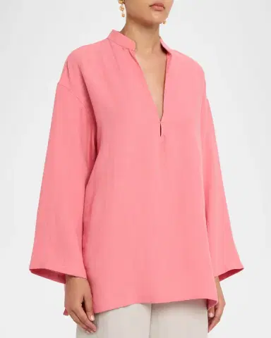Giorgio Armani V-Neck Hemp Relaxed Long-Sleeve Shirt | Thumbnail 3 Giorgio Armani V-Neck Hemp Relaxed Long-Sleeve Shirt | Thumbnail 3