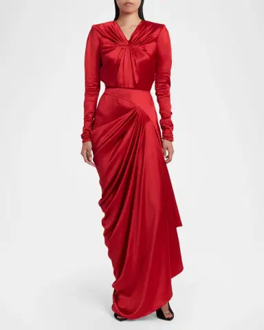Valentino Garavani Asymmetric Draped Satin Long-Sleeve Gown | Thumbnail 2 Valentino Garavani Asymmetric Draped Satin Long-Sleeve Gown | Thumbnail 2