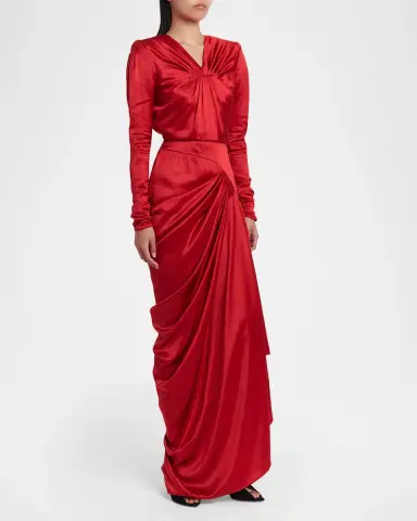 Valentino Garavani Asymmetric Draped Satin Long-Sleeve Gown | Thumbnail 4 Valentino Garavani Asymmetric Draped Satin Long-Sleeve Gown | Thumbnail 4