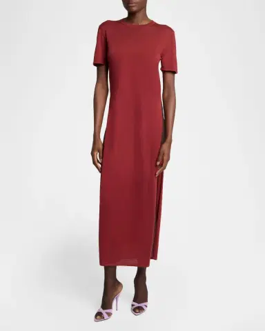 Saint Laurent Short-Sleeve Wool Side-Slits Midi Dress | Thumbnail 2 Saint Laurent Short-Sleeve Wool Side-Slits Midi Dress | Thumbnail 2