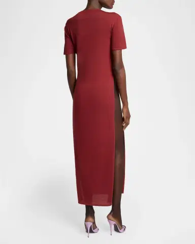 Saint Laurent Short-Sleeve Wool Side-Slits Midi Dress | Thumbnail 3 Saint Laurent Short-Sleeve Wool Side-Slits Midi Dress | Thumbnail 3
