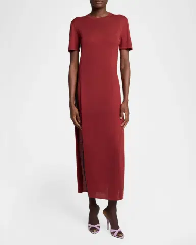 Saint Laurent Short-Sleeve Wool Side-Slits Midi Dress | Thumbnail 4 Saint Laurent Short-Sleeve Wool Side-Slits Midi Dress | Thumbnail 4