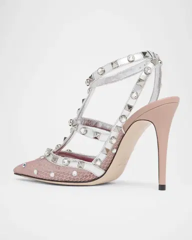 Valentino Garavani 100mm Rockstud Mixed Leather and Mesh Ankle-Strap Pumps | Thumbnail 3 Valentino Garavani 100mm Rockstud Mixed Leather and Mesh Ankle-Strap Pumps | Thumbnail 3