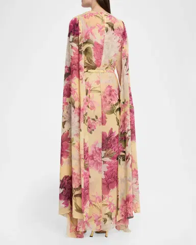 Chiara Boni La Petite Robe Senka Belted Cape-Sleeve Floral Gown | Thumbnail 2 Chiara Boni La Petite Robe Senka Belted Cape-Sleeve Floral Gown | Thumbnail 2