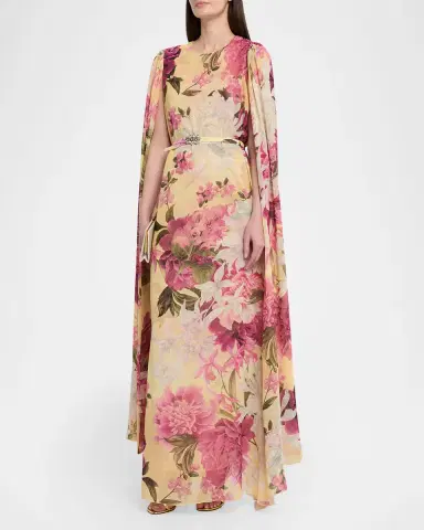 Chiara Boni La Petite Robe Senka Belted Cape-Sleeve Floral Gown | Thumbnail 3 Chiara Boni La Petite Robe Senka Belted Cape-Sleeve Floral Gown | Thumbnail 3