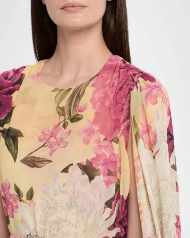 Chiara Boni La Petite Robe Senka Belted Cape-Sleeve Floral Gown | Thumbnail 4 Chiara Boni La Petite Robe Senka Belted Cape-Sleeve Floral Gown | Thumbnail 4