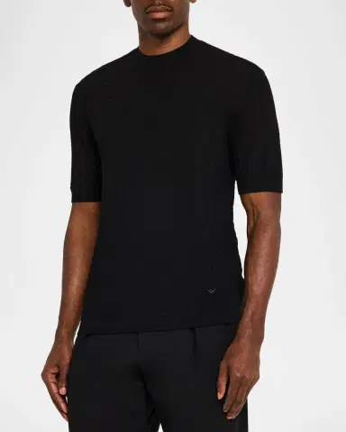 Emporio Armani Men's Wool Honeycomb Jacquard Short-Sleeve Sweater | Thumbnail 4 Emporio Armani Men's Wool Honeycomb Jacquard Short-Sleeve Sweater | Thumbnail 4