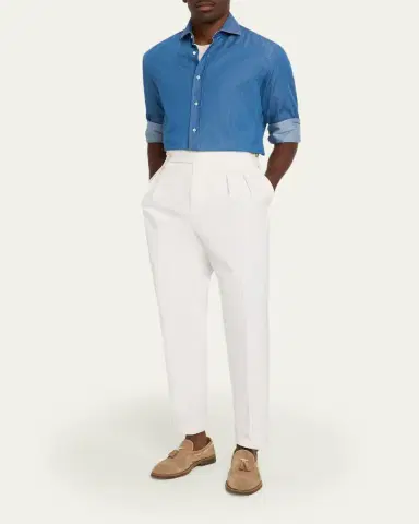 Brunello Cucinelli Men's Cotton Pleated Trousers with Waist Tabs | Thumbnail 2 Brunello Cucinelli Men's Cotton Pleated Trousers with Waist Tabs | Thumbnail 2