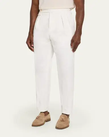 Brunello Cucinelli Men's Cotton Pleated Trousers with Waist Tabs | Thumbnail 4 Brunello Cucinelli Men's Cotton Pleated Trousers with Waist Tabs | Thumbnail 4