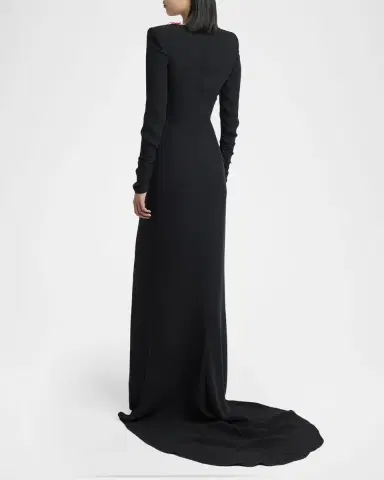 Valentino Garavani Plunging Embroidered Crepe Long-Sleeve Slit Gown | Thumbnail 2 Valentino Garavani Plunging Embroidered Crepe Long-Sleeve Slit Gown | Thumbnail 2