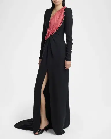 Valentino Garavani Plunging Embroidered Crepe Long-Sleeve Slit Gown | Thumbnail 3 Valentino Garavani Plunging Embroidered Crepe Long-Sleeve Slit Gown | Thumbnail 3