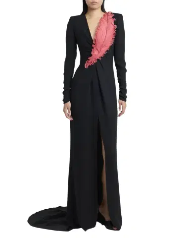 Valentino Garavani Plunging Embroidered Crepe Long-Sleeve Slit Gown | Thumbnail 1 Valentino Garavani Plunging Embroidered Crepe Long-Sleeve Slit Gown | Thumbnail 1
