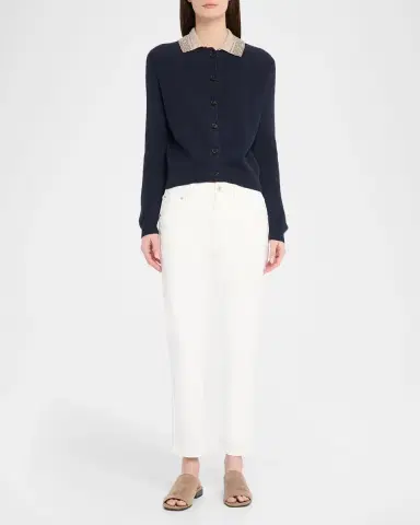 Brunello Cucinelli Paillette Collar Cotton Rib Cardigan | Thumbnail 2 Brunello Cucinelli Paillette Collar Cotton Rib Cardigan | Thumbnail 2