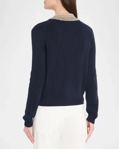 Brunello Cucinelli Paillette Collar Cotton Rib Cardigan | Thumbnail 3 Brunello Cucinelli Paillette Collar Cotton Rib Cardigan | Thumbnail 3
