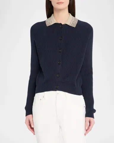 Brunello Cucinelli Paillette Collar Cotton Rib Cardigan | Thumbnail 4 Brunello Cucinelli Paillette Collar Cotton Rib Cardigan | Thumbnail 4