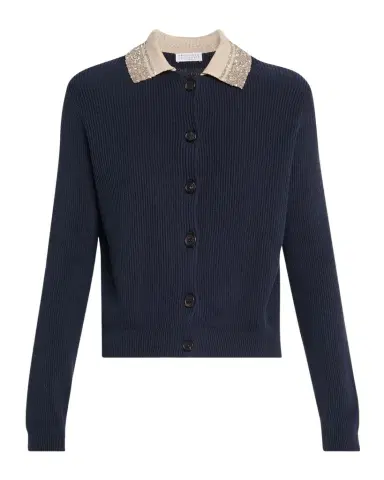 Brunello Cucinelli Paillette Collar Cotton Rib Cardigan | Thumbnail 1 Brunello Cucinelli Paillette Collar Cotton Rib Cardigan | Thumbnail 1