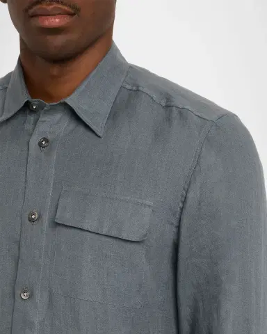 Kiton Men 's Linen Flap-Pocket Casual Button-Down Shirt | Thumbnail 4 Kiton Men 's Linen Flap-Pocket Casual Button-Down Shirt | Thumbnail 4