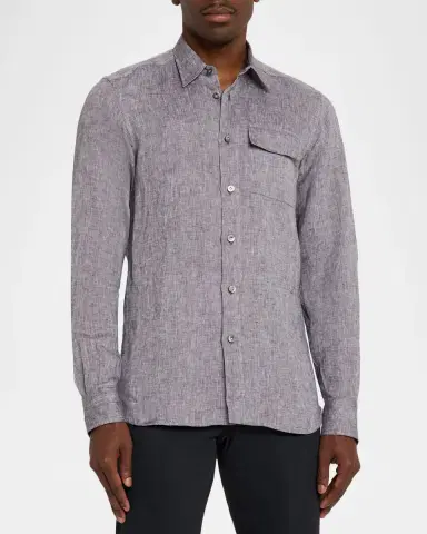 Kiton Men 's Linen Flap-Pocket Casual Button-Down Shirt | Thumbnail 3 Kiton Men 's Linen Flap-Pocket Casual Button-Down Shirt | Thumbnail 3