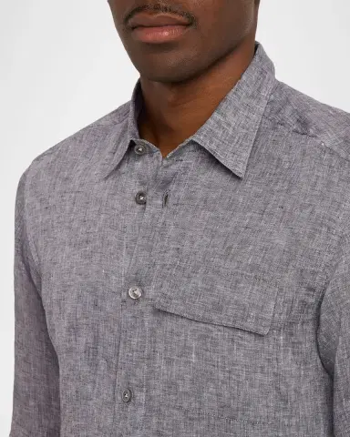 Kiton Men 's Linen Flap-Pocket Casual Button-Down Shirt | Thumbnail 4 Kiton Men 's Linen Flap-Pocket Casual Button-Down Shirt | Thumbnail 4