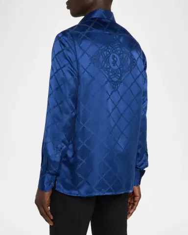 Stefano Ricci Men's Grid-Check Jacquard Silk Dress Shirt | Thumbnail 3 Stefano Ricci Men's Grid-Check Jacquard Silk Dress Shirt | Thumbnail 3