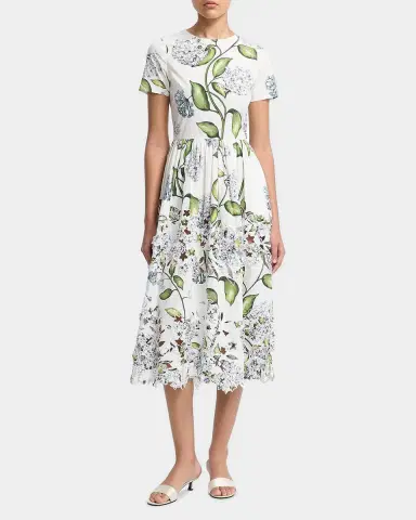 Oscar de la Renta Short-Sleeve Porcelain Flower Embroidered Midi Dress | Thumbnail 2 Oscar de la Renta Short-Sleeve Porcelain Flower Embroidered Midi Dress | Thumbnail 2